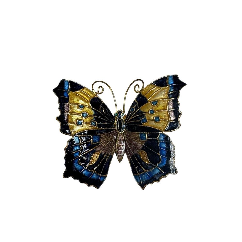 Cloisonne Butterfly Magnet‎ Blue Gold Enamel Vintage 2.5” Decor